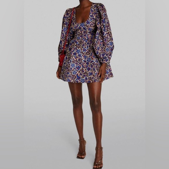 La Double J Dolly Floral Ortica Blue Print Puff Sleeve A Line Dress - Picture 3 of 15